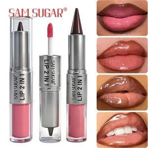 Sam Sugar Lip Liner & Gloss Dual-Ended Makeup, Matte Outline Lipstick Glossy Mirror Finish Lip Color, Smooth Application & Hydrating Moisturizing Effect, Lipgloss