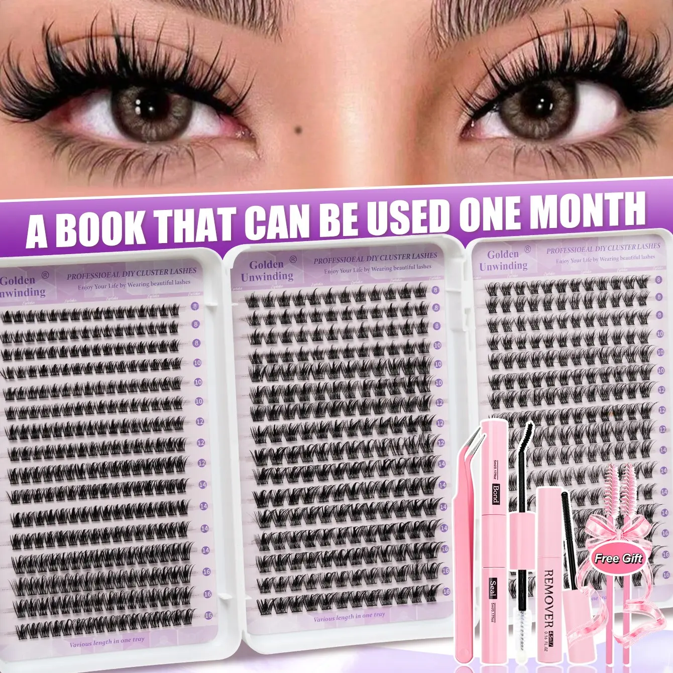 640pcs DIY Volumized False Eyelashes Set, D Curl, Dense Natural Fluffy Eyelashes Cluster Style, 8-16mm Mixed Length, Large Capacity, Home Self-Lamination, Beginner Friendly, Natural Lash Clusters