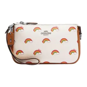 Coach Nolita 19 Small Handbag for Women – Silver Logo Rainbow Print Coated Canvas and Leather, Beige and Brown