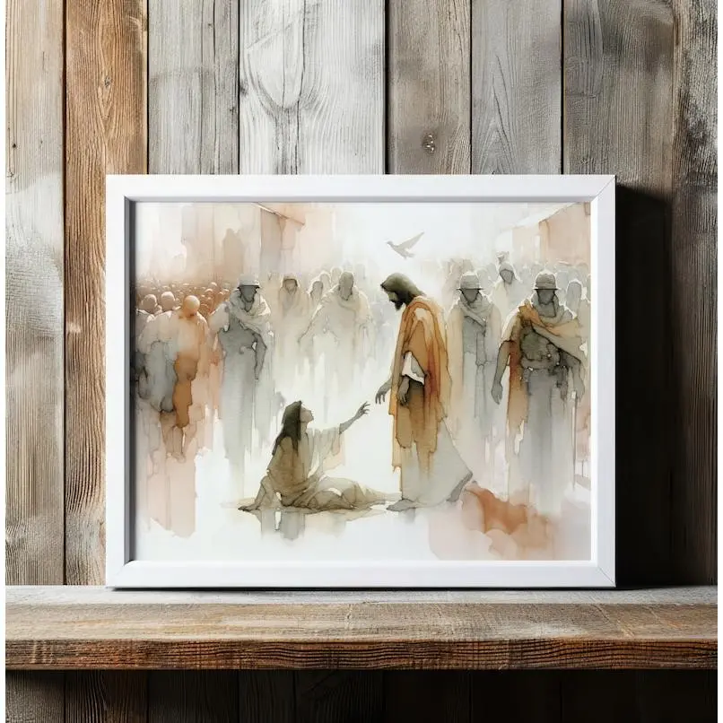 Christian Bible Miracle Jesus Heals the Woman Artistic Matte Cotton Print Poster - Modern Minimalist Fade-Resistant Wall Art, Home Decor Products for Bedroom, Dining Room, Classroom Decoration