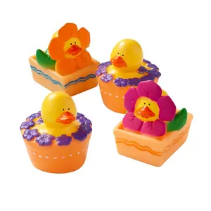 2" Spring Flowers Bright Multicolor Rubber Ducks in Pots - 12 Pc.