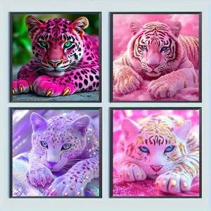 4pcs Tiger Leopard Diamond Painting Kit, Adult Art Craft Set, Frameless DIY 5D Diamond Art, Full Drill Round Diamond Home Decor, Diamond Art Tools