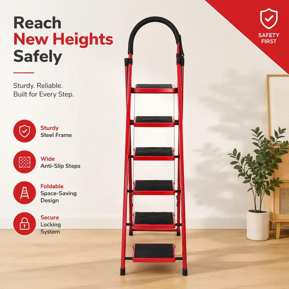 6-Step A-Frame Folding Ladder, Solid Iron Rungs, Black Non-Slip Tread Pads, Stable Self-Supporting Ladder Stepladders for Home Repairs, Indoor Home Improvement Building Supplies