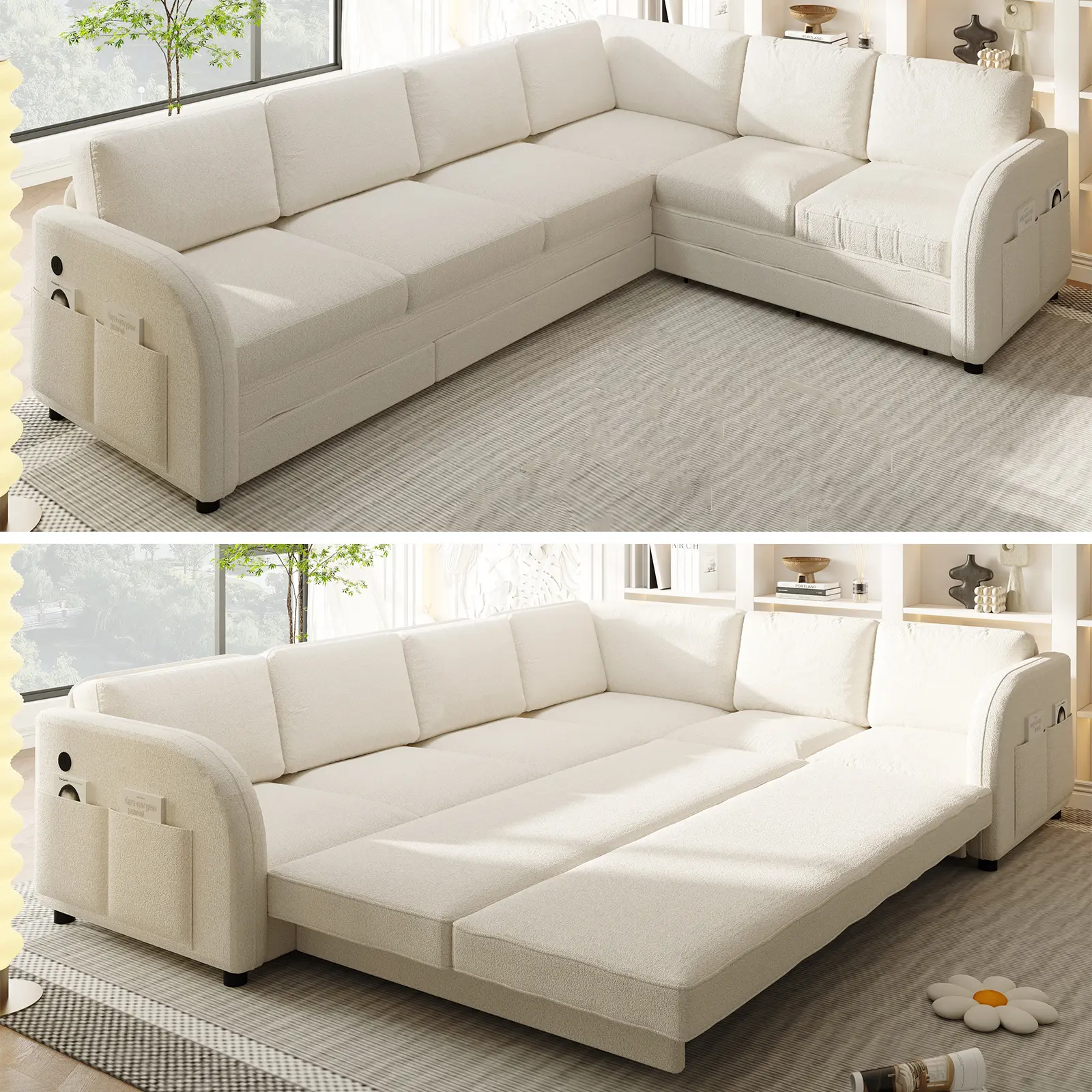 6-Seat Oversize L-Shape Modular Modern Sofa Chaise Lounge - 115.2" Pull-Out Sleeper, Detachable Configurable Living Room Couches, Side Pocket, USB Port, 3-Package Shipping for Indoor Furniture Decor, Sectional Couch