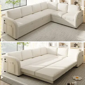 【3 Packages shipping】115.2" 6 Seat L-Shape Modular Couch with Pull-Out Bed,Oversize Convertible Sleeper Sofa with side Pocket & USB Port,Teddy Upholstered Sectional Couches,Convertible Sofa Lounge bed,For Apartment,Office,living room furniture