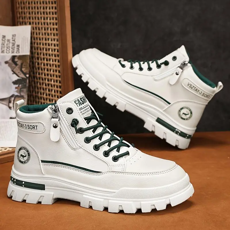 Men's Versatile Sport Ankle Boots - Casual Sport, White with Green Accents, Durable PU Upper and EVA Insole, Zipper and Lace-Up Closure, Suitable for Casual Wear - All Seasons, Athletic Shoes