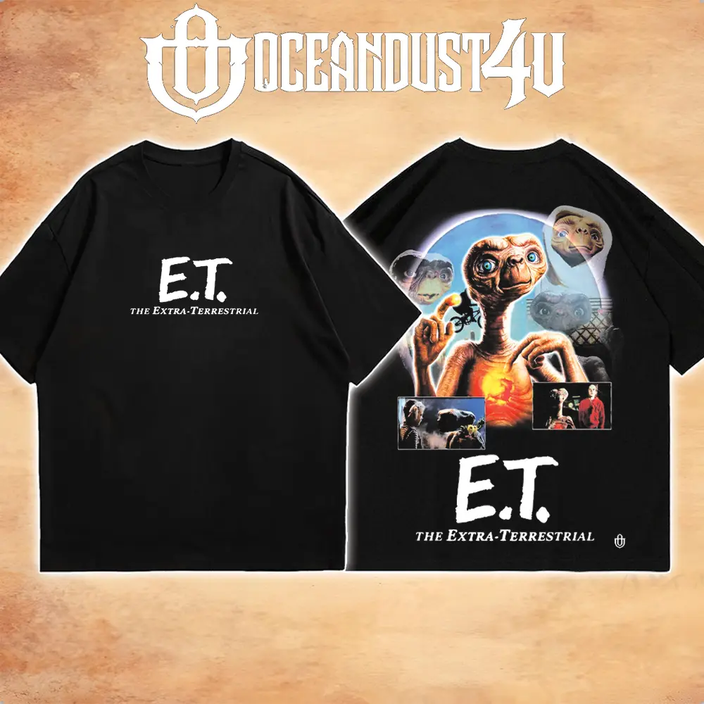 OceanMOB4U E.T. The Extra-Terrestrial Graphic T-Shirt, Front & Back Print Black Tee, Vintage 80s Sci-Fi Movie Shirt, Retro Alien Graphic Tee, Classic Film Fan Gift