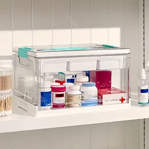 Transparent belt handle medicine storage box, large-capacity medicine cabinet, handicraft storage box, large-capacity books and toys partitioned organizing box, Clear storage box