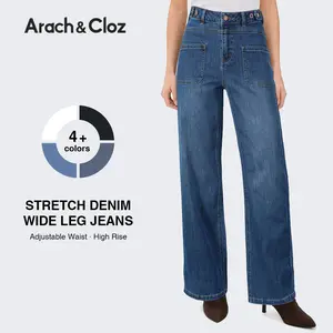 Arach&Cloz Women's Denim Adjustable Waist Buttons High Waisted Wide Leg Jeans SummerVibes 2026