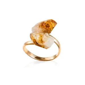 Citrine Adjustable Ring - Handmade Healing Crystal Jewelry, Gold-Plated Copper Bypass Ring for Women, Natural Raw Gemstone Statement Piece