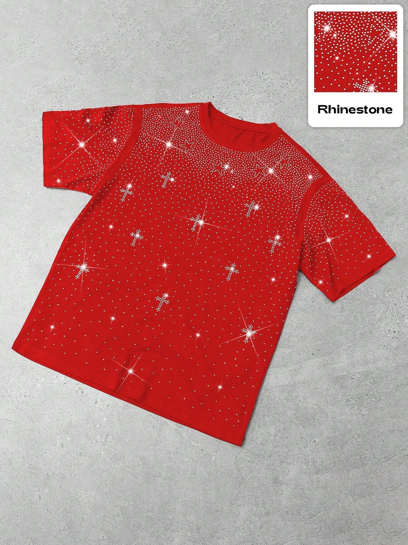 Men's and women's fashion pieces featuring a cross-shaped design with water-crystal embellishments, Short street-style Glam Fitted Crewneck Galaxy tops, Round Neck Streetwear, suitable for everyday wear and nighttime outings, Casual Stylish Tee