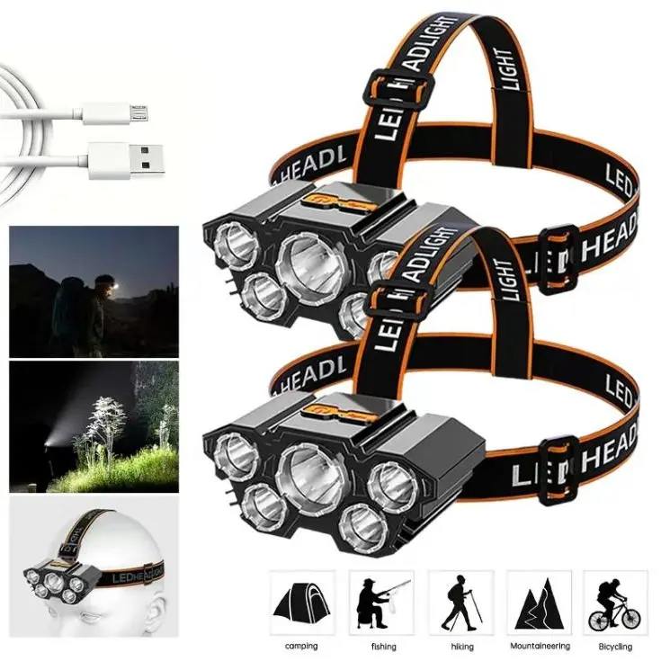 2-Pack Powerful LED Headlamp with 5 Super Bright LED Lamp Beads & Flash Light-Rechargeable,3 Lighting Modes Rechargeable Headlamp,180° Adjustable Head Flashlight,    waterproof  Headlamp for Outdoor Camping, Hiking, Running,  emergency, car repair