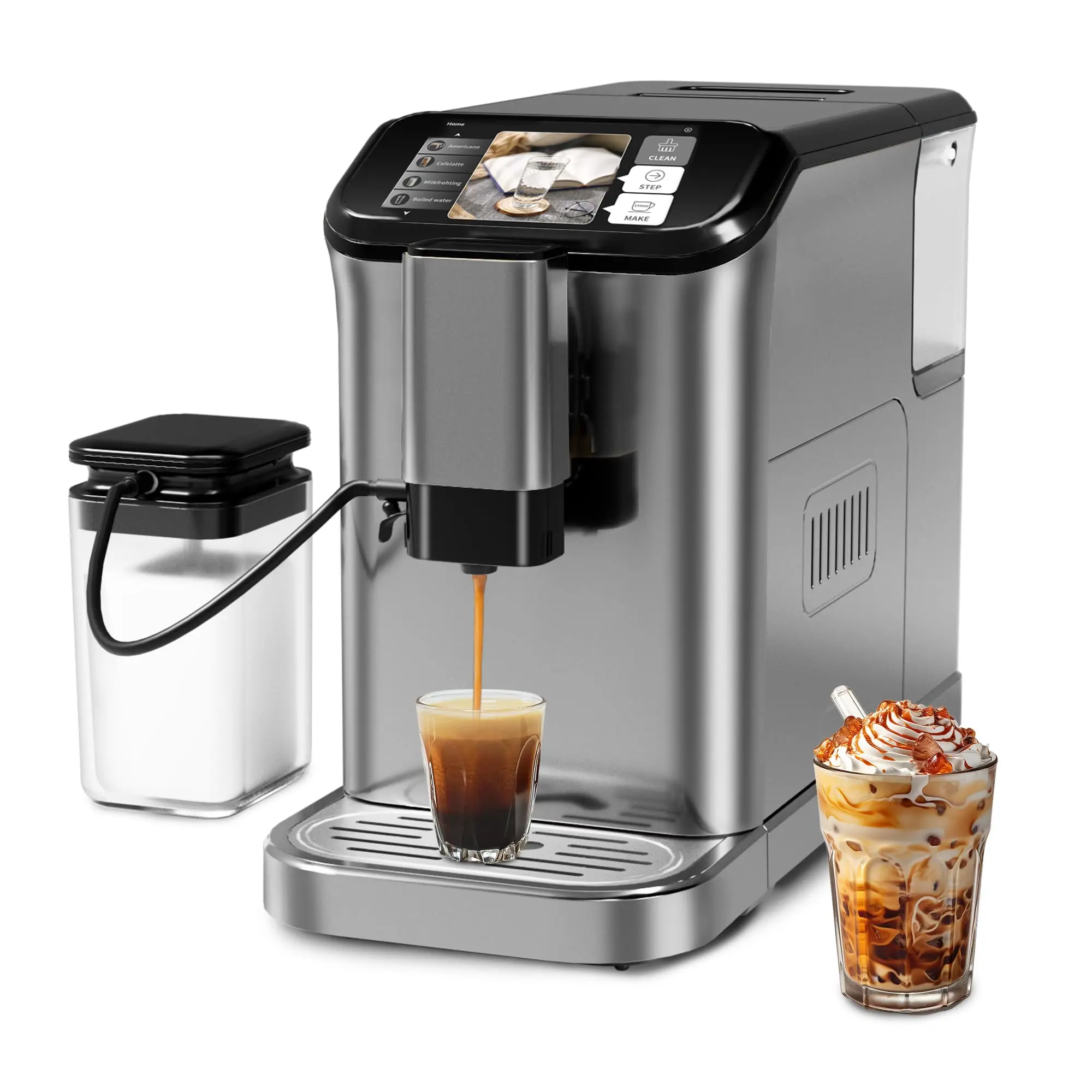 Super Automatic Espresso Machine 20 Bar High Pressure for Latte Espresso and Cappuccino, Stainless Steel Conical Burr Grinder, Espresso Maker For Home Barista, Touch Screen (Grey)