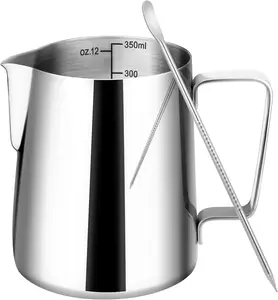 Milk Frothing Pitcher with Latte Art Pen,12oz Milk Frother Cup with Clear Scale, 304 Stainless Steel Cappuccino Espresso Machine Accessories for Barista Coffee Bar with Latte Art Pen, Silver