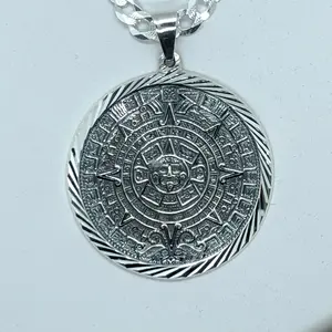 Aztec Calendar with 24" Cuban Necklace (.925 PURE SILVER)