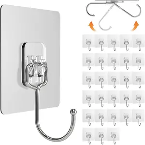 30 Pack Large Adhesive Hooks, Wall Hooks for  Heavy Duty 22Ib(Max), Clear and Removable  Sticky Hooks,  and Rustproof Multiple Uses for Bathroom Kitchen Office