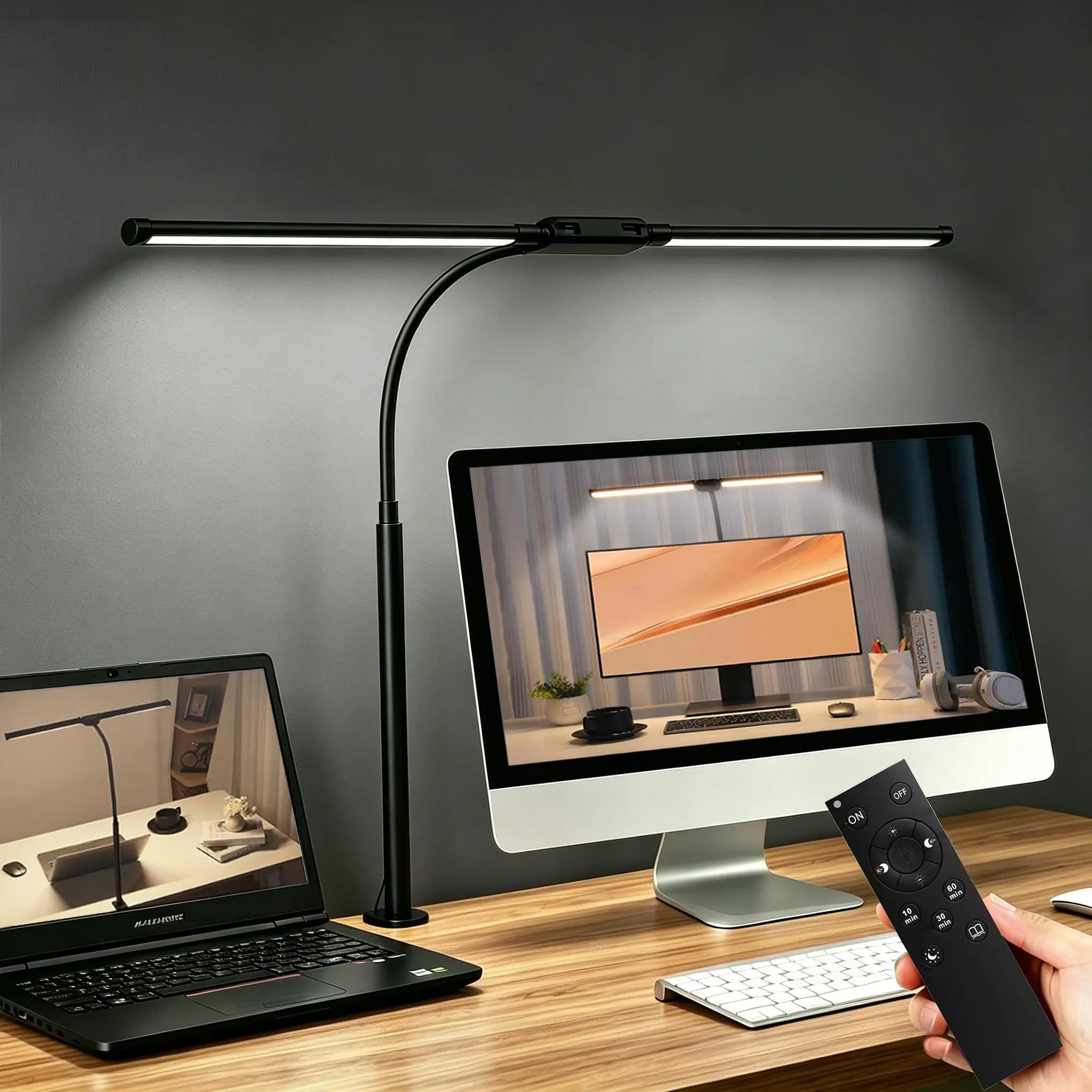 Adjustable LED Desk Lamp with Remote Control for Home Office and Study Room，Eye Caring Architect lamp with Clamp,Dual Screen Computer Monitor Work Smart Light: 24W 5 Color Flexible Adjustable Lighting Table Lamp, Desktop Light, Dimmable Desk Light