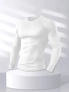 Men's Solid Color Round Neck T-Shirt, Gym Sportswear, Casual Long Sleeve Top, Comfortable Lightweight Fabric, Daily Wear