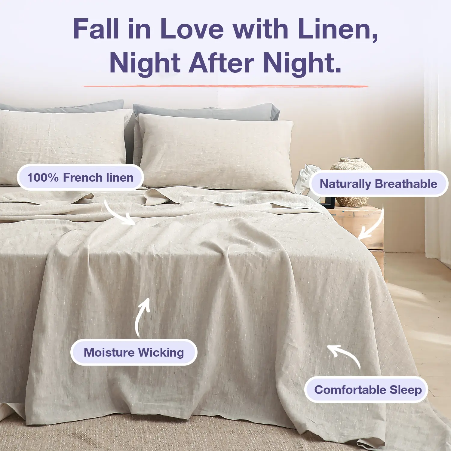 Simple&Opulence 100% Linen Sheet Set, Natural French Linen Bed Sheets, Breathable Soft Durable Bedding Set for All Season, mothersdaygift Easy Care Moisture Absorption, summerwins,back to school,back to school shopping,home decor, tiktokshopsummersale
