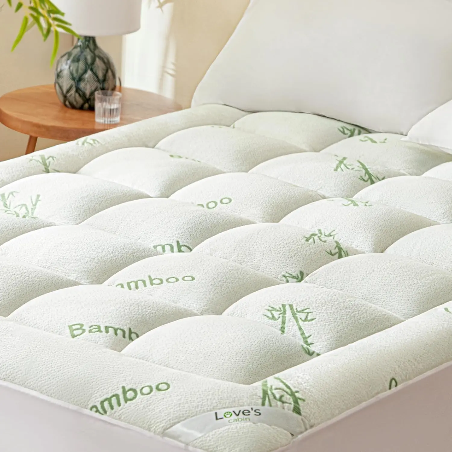 Ultra Soft Queen Size Bamboo Mattress Topper - Viscose Made from Bamboo Breathable Mattress Pad Topper for Back Pain Relief, Naturally Cooling for Hot Sleepers, Green, Bamboo Mattress Toppers