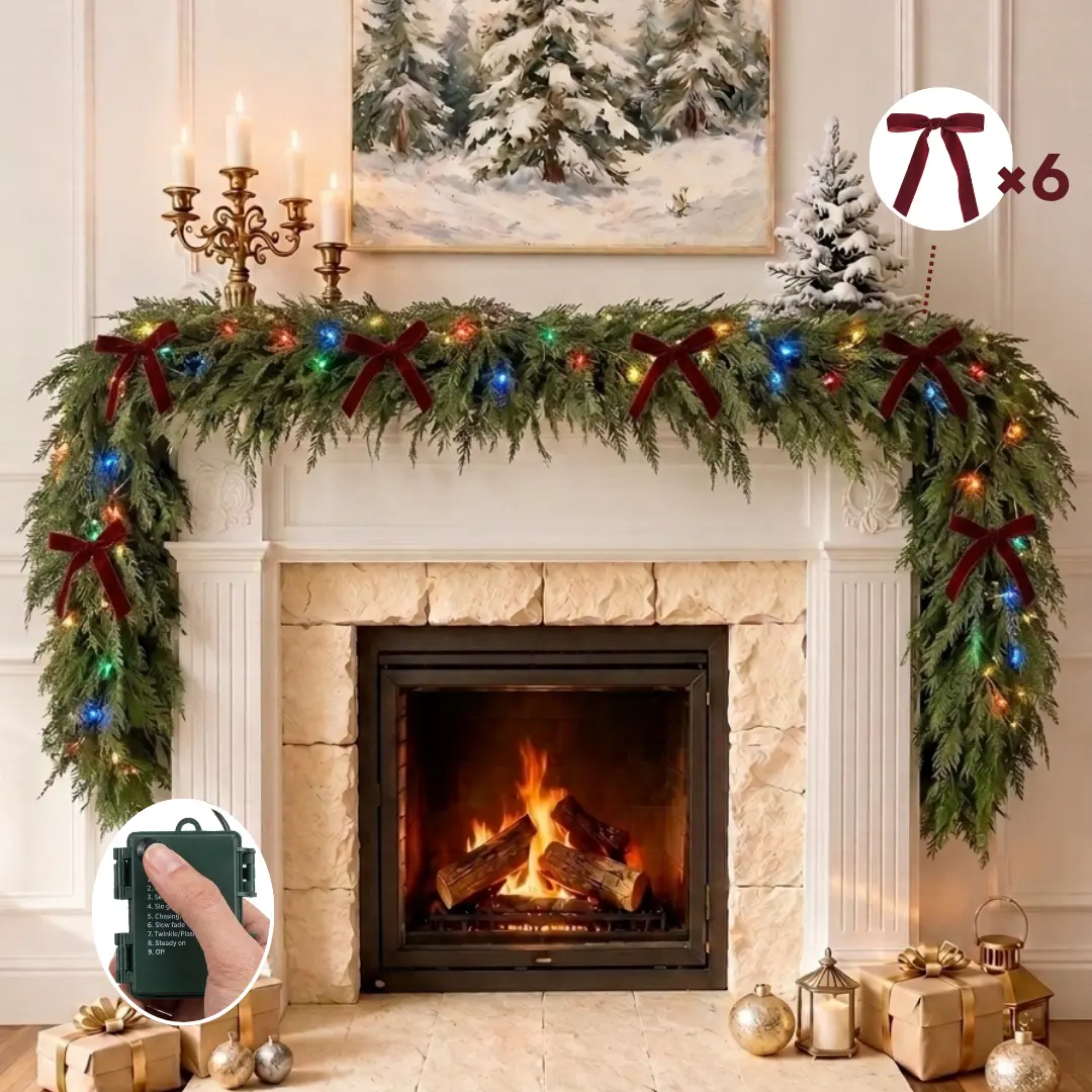 9FT Pre-lit Cedar Xmas Garland, Decorative Holiday Faux Greenery with LED Lights, Gifted Red Velvet Bows & Storage Bag for Mantle, Staircase, Magical, Party Decoration