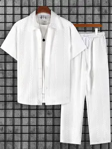 Men's White Cable Knit 2-Piece Loungewear Homewear Set - Short Sleeve Button-Down Shirt & Drawstring Waist Pants, Soft Breathable Fabric, Relaxed Fit for At-Home Lounging, Lazy Weekends & Casual Evenings, Nightwear Pajama Set