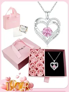 Rose Preserved Flower Gift Set with Birthstone Heart Necklace, Zircon Necklace, Statement Necklace, Perfect Birthday, Christmas, Valentine's Day Jewelry Gift for Mom, Daughter, Girlfriend, Wife