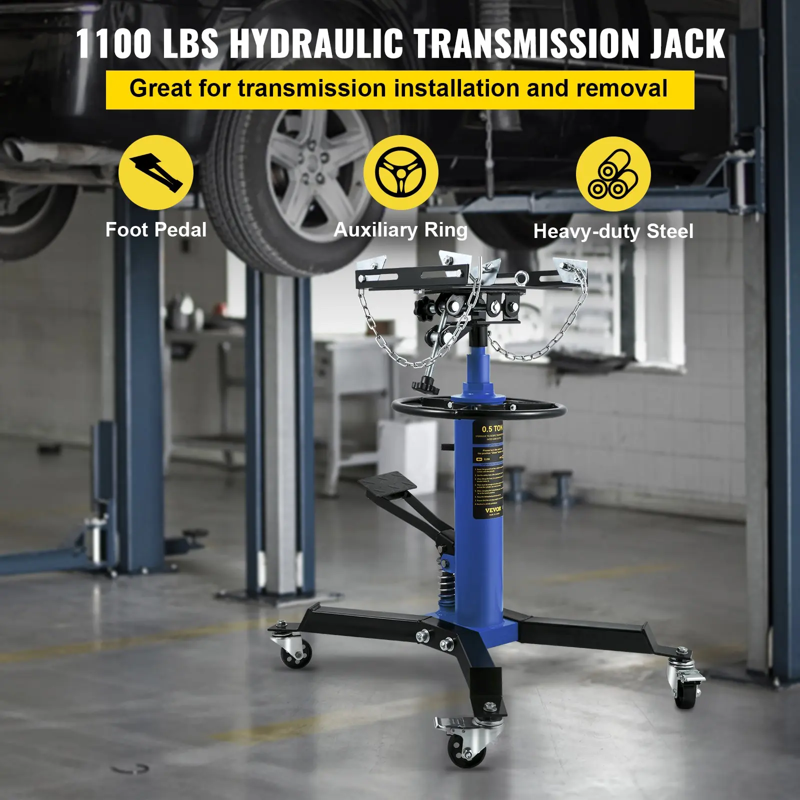 【summerfinds】VEVOR Transmission Jack, 33"-67" High Lift, 1100 lbs Hydraulic Telescoping Transmission Jack, 2-Stage Floor Jack Stand 1/2 Ton Capacity with Foot Pedal, 360° Swivel Wheel, Garage/Shop Lift Hoist