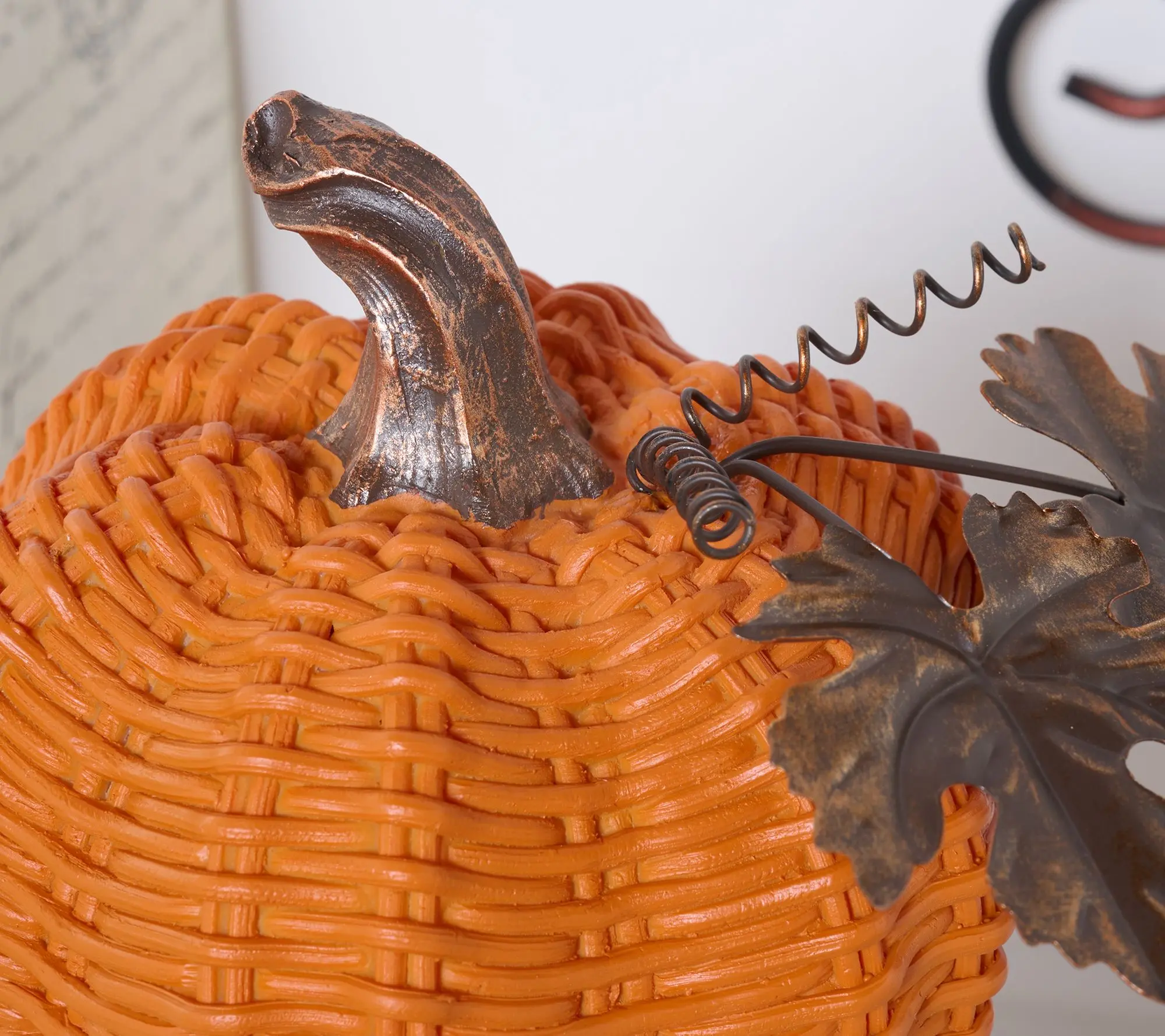 12" Basketweave Stacked Pumpkins with Metal Leaves by Valerie