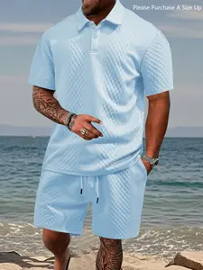 Please Purchase A Size Up. Men's Solid Polo Shirt & Drawstring Waist Shorts Set, Cozy Breathable Two-piece Outfits for Daily Outdoor Wear, Men Clothes for Summer.