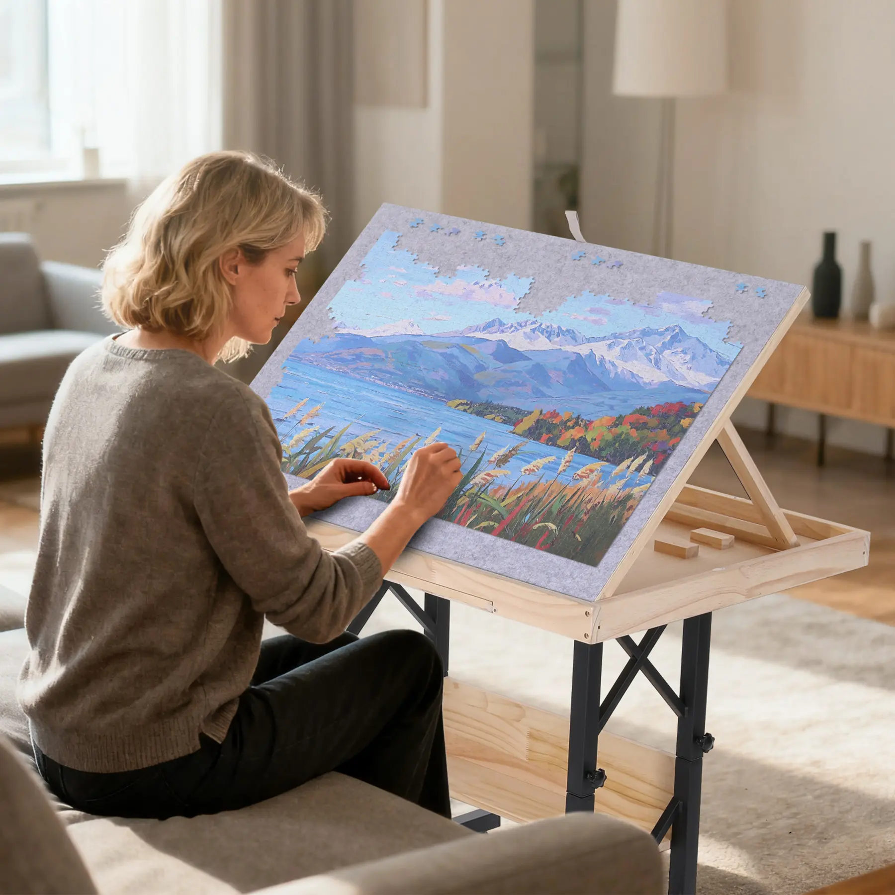 FUNTOK Puzzle Table for Adults & Kids, Portable Wooden Board with 2 Drawers, Wheels, 5-Tilting Angles, 29"-37" Height Adjustment, Transparent Cover, Non-Slip Felt Surface, Organizes Creative Puzzle, Aids Children Development, Eases Neck/Back Strain, Mom