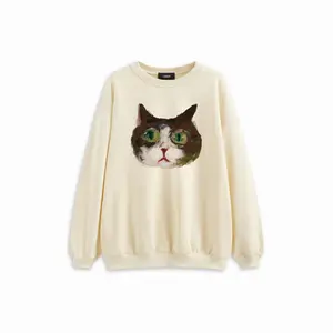 Cider Cotton-blend Cat Graphic Round Neckline Oversized Sweatshirt Dealsforyou