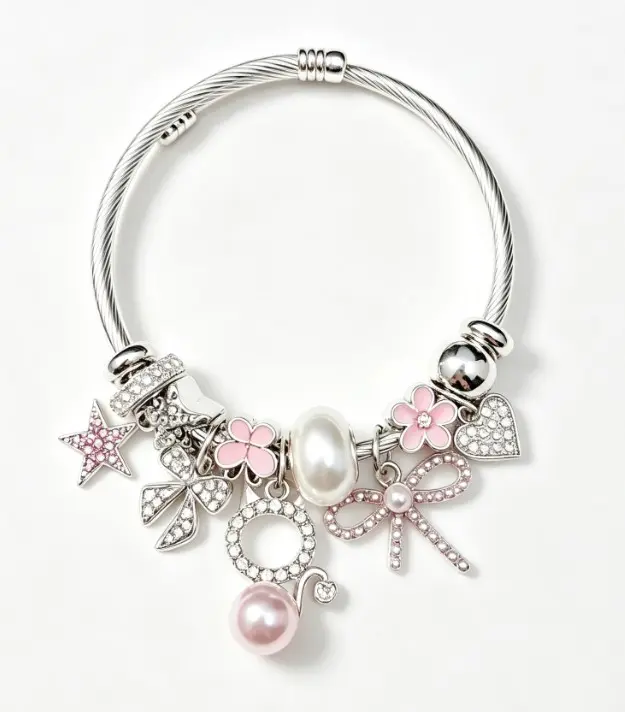 Women's Silver Twisted Wire Open Cuff Bracelet - Dual-Style Pink & White Rhinestone, Bow, Star, Heart, 4-Leaf Clover, Pearl Pendant Bangle, Stackable Dainty Costume Jewelry Gift