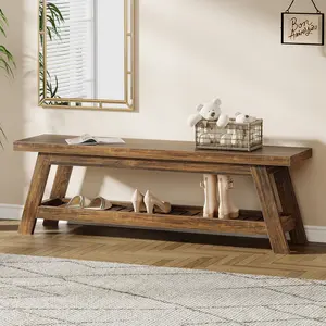 LITTLE TREE 55" Large Wood Entryway Bench with Shoe Storage, 2-Tier Rustic Brown Narrow Hallway Foyer Seating Bench with Open Shelves for Entryway, Bedroom, Mudroom