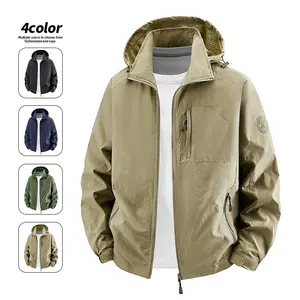 LEDUNTINO Menswear Longsleeves Plain Outdoor Hooded Jacket - Windproof, Waterproof, Lightweight Breathable Fabric, Embroidery Designs, Adjustable Cuffs, Multiple Pockets, Custom Black Top Coat for Hiking, Casual Daily Wear