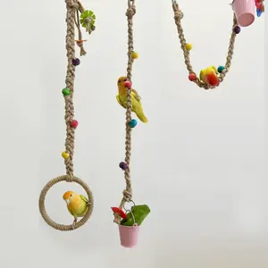Durable Handmade Hemp Rope Parrot Climbing Swing with Colorful Wooden Beads, Versatile Cage Toy for Small Medium Large Birds, Perfect for Chewing and Entertainment