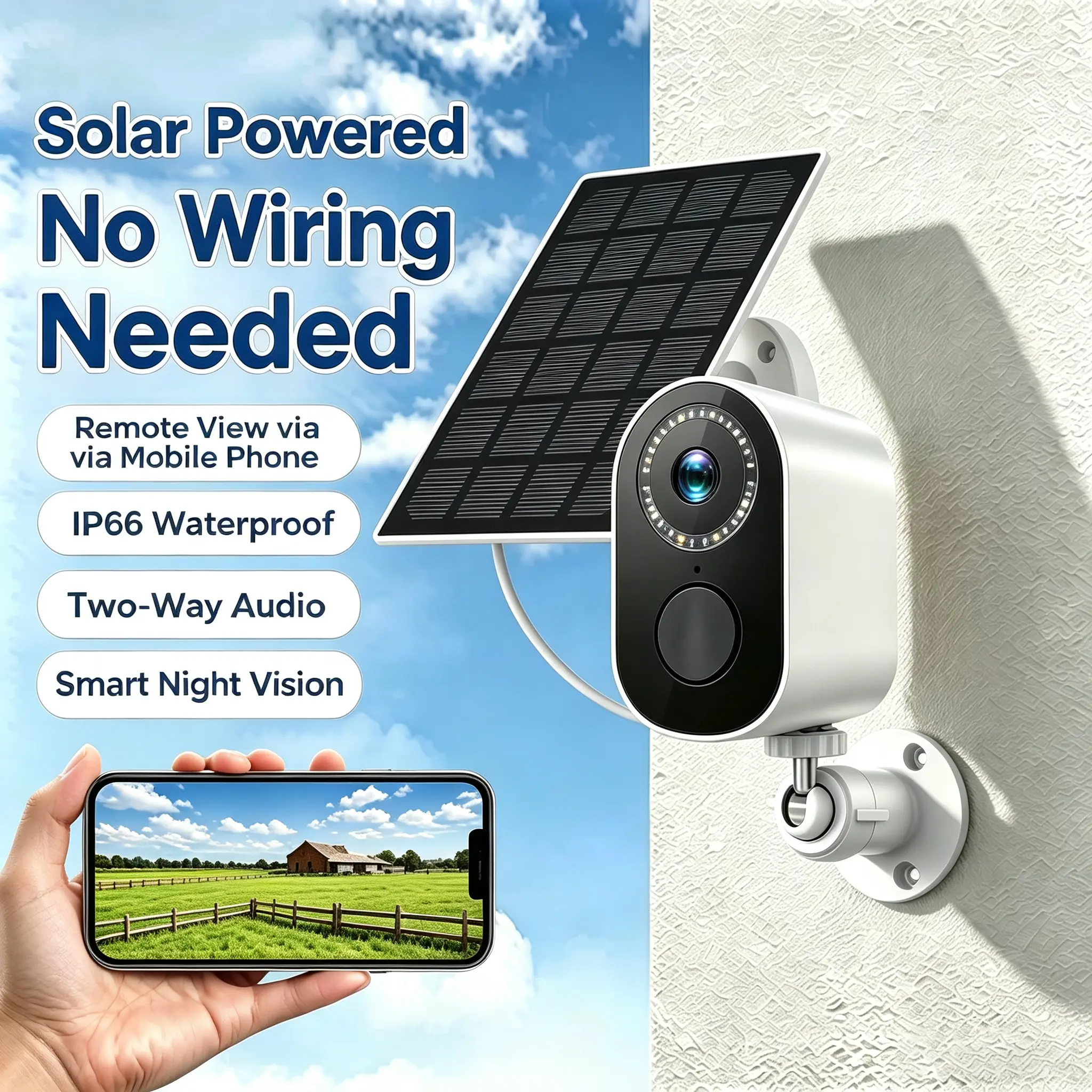 2K Solar Power WiFi Security Camera, Indoor/Outdoor No Wiring, IP66 Waterproof, Night Vision Motion Detection, Two-Way Audio, Cloud Storage, App Control
