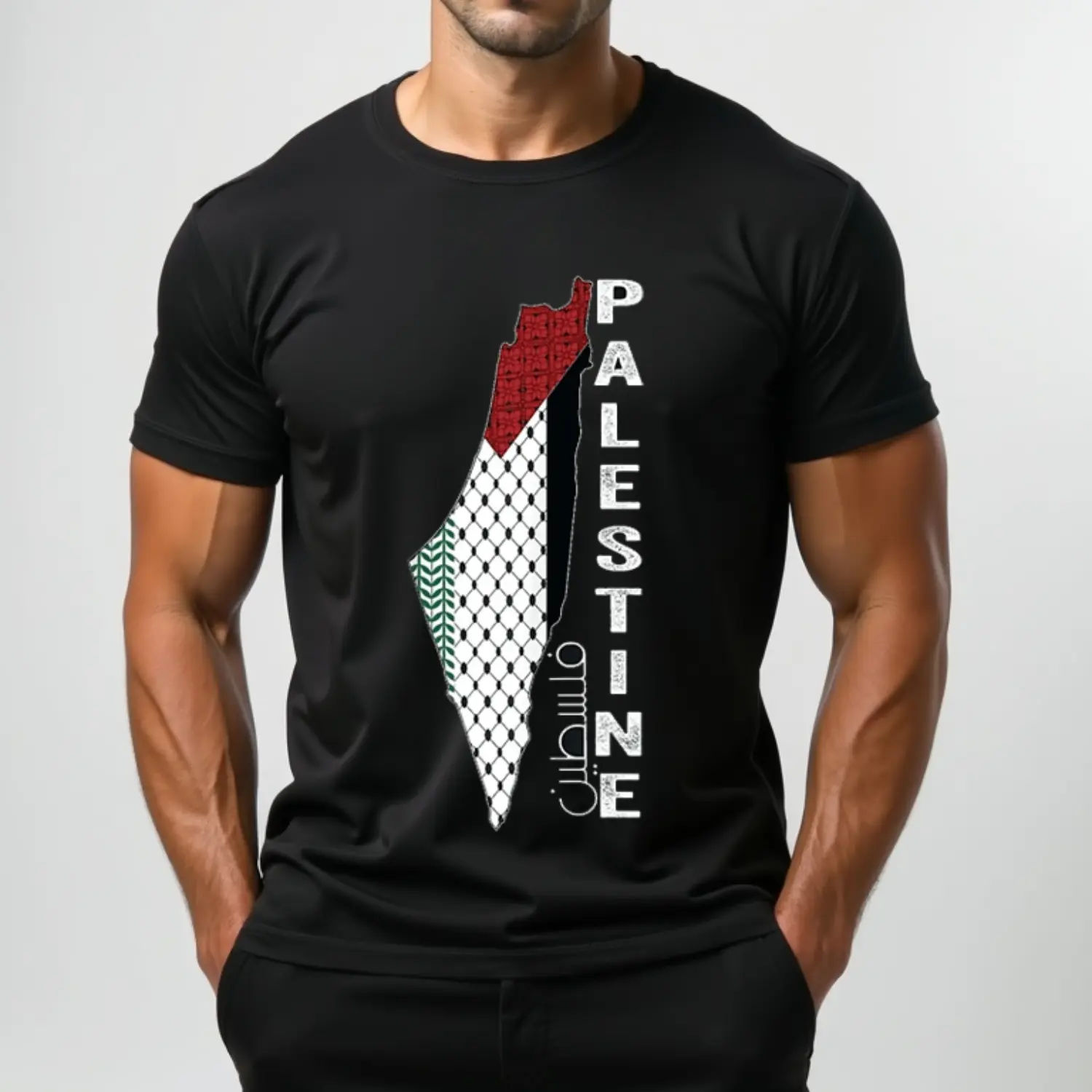Menswear 100% Cotton Short-Sleeve Round Neck Casual T-Shirt, Bold Palestine Flag Design for October Solidarity Support Top