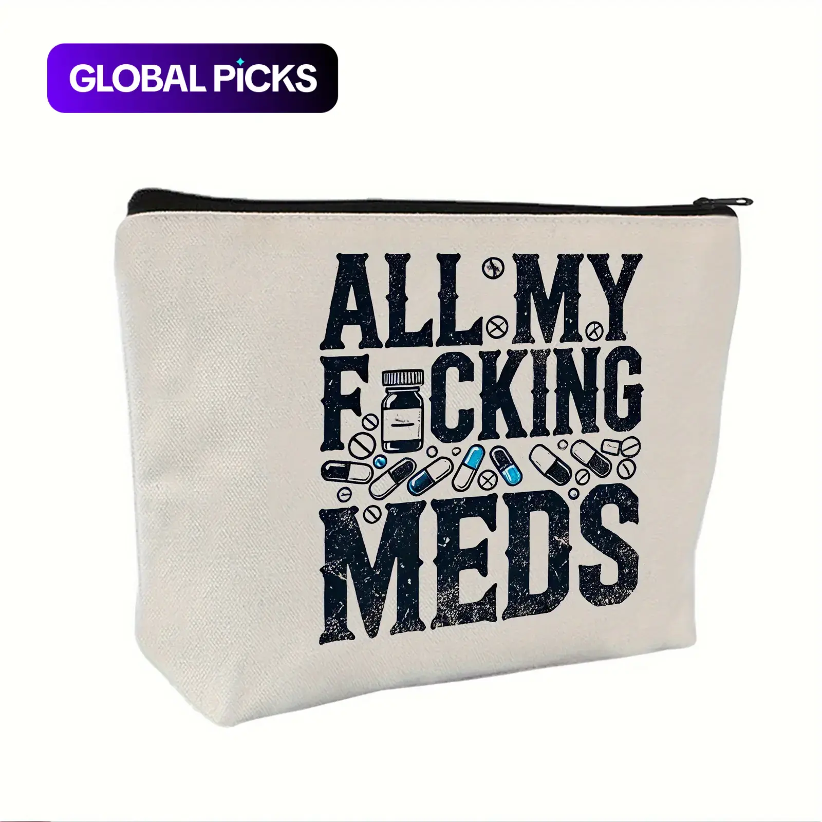 All My Meds Letter Pattern Canvas Makeup Pouch, Portable Cosmetic Pouch, 1/6/16pcs Reusable Zipper Makeup Organizer, Travel Cosmetic Bags, Pill Storage Bag, Gift Idea for Women #GLOBAL PICKS