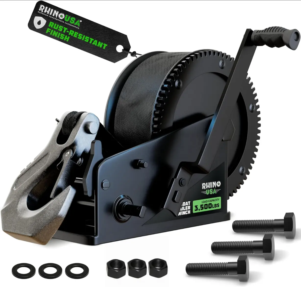 Rhino USA Heavy-Duty Boat Trailer Winch with Crank Handle – Boat Winch Strap with Hook – Corrosion-Resistant – Ideal Boat Accessories for Bass Boat, Jet Ski, Pontoon Boat