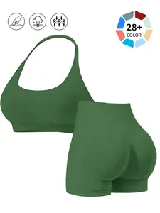 Halter U-Neck Yoga Set - 28+ Colors, Seamless 2-Piece Workout Outfit, Tummy Control High Waist & Scrunch Booty Lifting Shorts | Buttery Soft, Squat-Proof, Breathable Activewear for Gym, Yoga & Everyday Wear