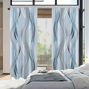 2pc Striped Line Art Print Curtains, Blue Geometric Modern Abstract Print Curtains, Window Curtain, suitable for dormitories, bedrooms, living rooms, kitchens, dining rooms, studies for home decoration