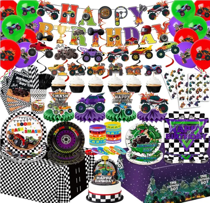 Monster Truck Birthday Decorations Monster Jam Birthday Plates and Napkins Banner Balloons Hanging Swirls Monster Truck Party Decorations for Boys
