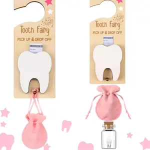 Tooth Fairy Door Hanger Kit with Tooth Holder, Velvet Pouch Box for Lost Teeth, Wooden Kids Gift for Boys and Girls