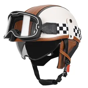 QUICKOOL DOT Legal Retro Half Helmet with Photochrome Goggles, Leather-Trim Open Face Motorcycle Helmet with Quick Release for Cruiser, Chopper