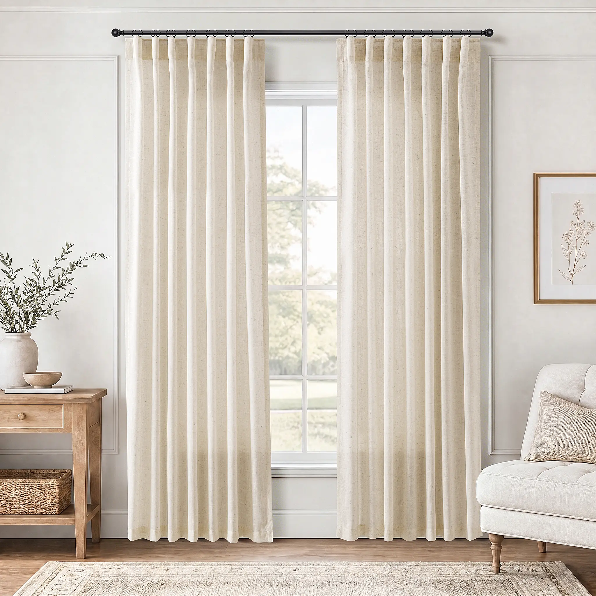 Jowels Linen Fabric Curtains (2 Panels) - Pleated with Hooks, Back Tab, Light Filtering Sheer, Beige, Minimalist Boho Farmhouse Style for Indoor Living Room & Bedroom Privacy Drapes, Indoor Use