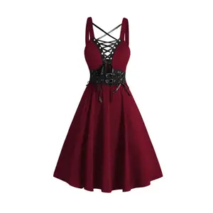 2024 Fashion Women’s Gothic Dress Lace-Up Buckle Strap Crisscross Deep V-Neck High-Waisted A-Line Mini Dress Red Sundress Summer Dresses Valentine’s Day Gift (gift)
