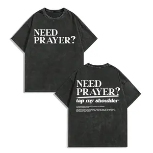 230g Washed Cotton T-Shirt Unisex Retro Graphic Tee Need Prayer Tap My Shoulder Print Loose Fit Short Sleeve Round Neck Machine Washable Casual Top for Men Women All Season Comfort Vintage T Shirts Relaxed Clothing Trendy Streetwear Crewneck