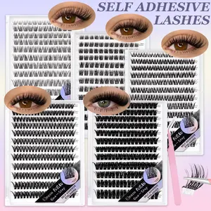 864 Pcs Self Adhesive Makeup Eyelash Clusters, Self Adhesive Eyelashes, 40D/100D/Nature/Wispy No Glue Needed, Invisible Strip Tape - Longer Lasting, No Sticky Residue Pre Glued Eyelashes, Comes with matching tweezers