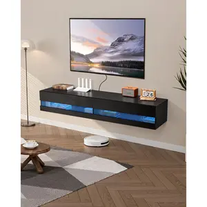VEVOR Floating TV Stand, 71 in Wall Mount Entertainment Center with Power Outlet & LED Lights, Modern Floating TV Shelf with 2 Drawers & Storage Cabinet for DVD Player, Cable Box, Game Console, Black